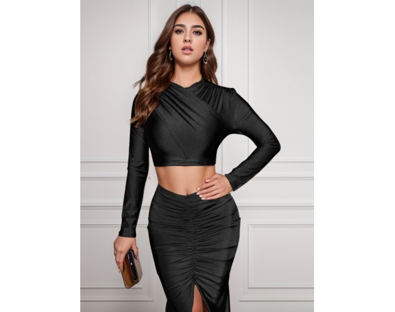 Ruched Long Sleeve Top and Slit Skirt Set