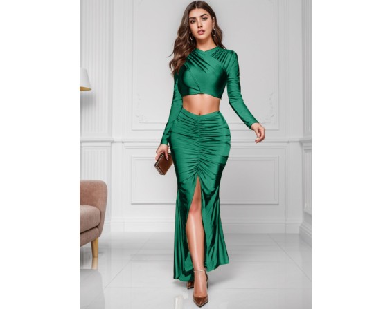 Ruched Long Sleeve Top and Slit Skirt Set