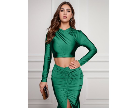 Ruched Long Sleeve Top and Slit Skirt Set