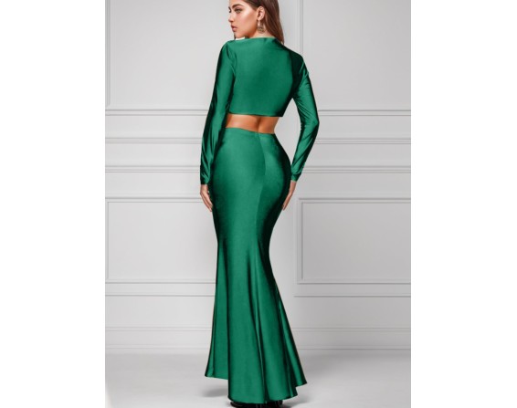 Ruched Long Sleeve Top and Slit Skirt Set