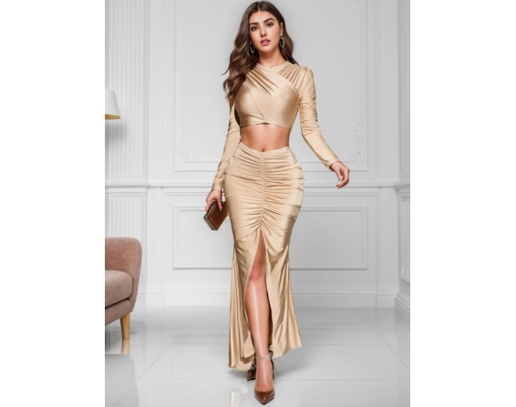 Ruched Long Sleeve Top and Slit Skirt Set