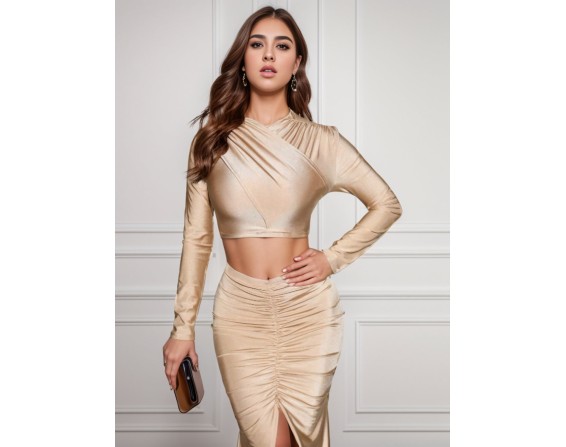 Ruched Long Sleeve Top and Slit Skirt Set