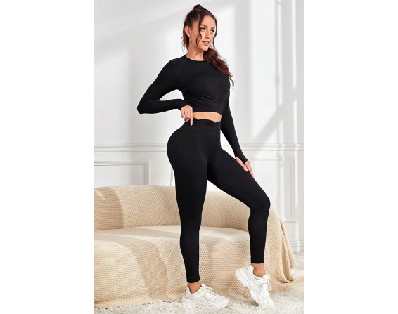 Ruched Round Neck Top and Active Leggings Set