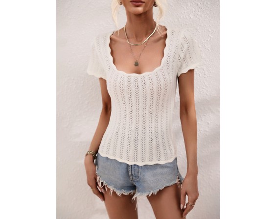 Scalloped Hem Square Neck Knit Top