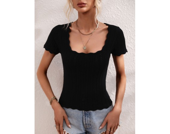 Scalloped Hem Square Neck Knit Top