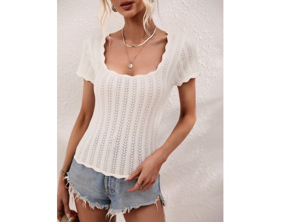 Scalloped Hem Square Neck Knit Top