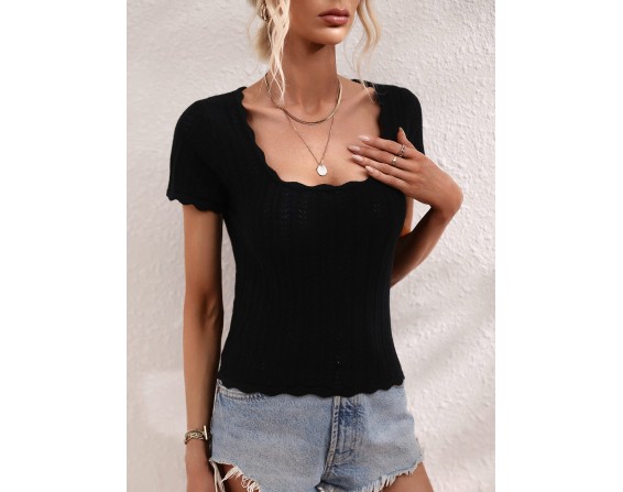 Scalloped Hem Square Neck Knit Top