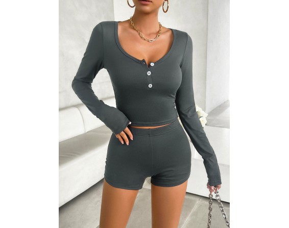 Scoop Neck Long Sleeve Top and Shorts Set