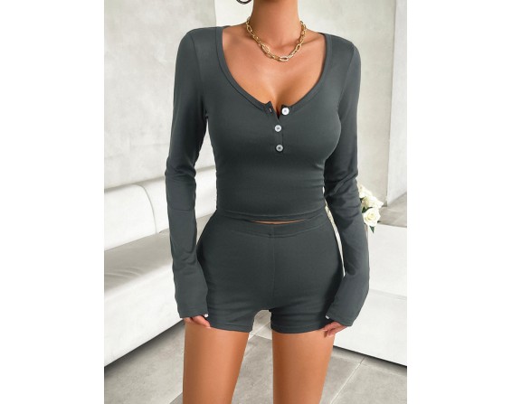 Scoop Neck Long Sleeve Top and Shorts Set