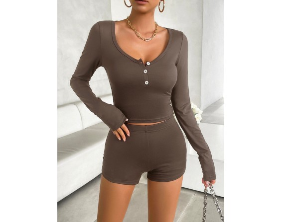 Scoop Neck Long Sleeve Top and Shorts Set