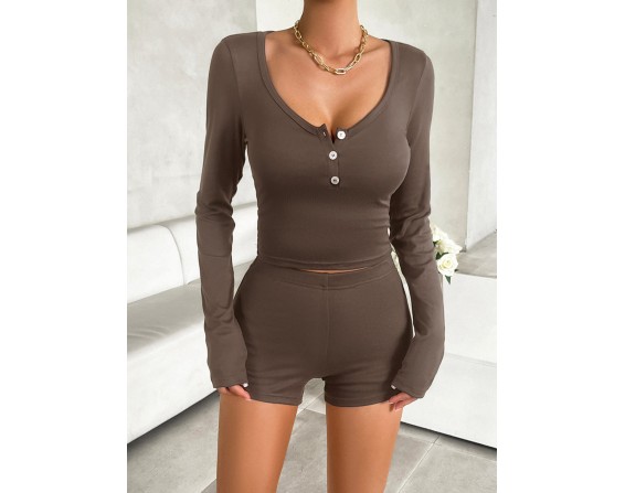 Scoop Neck Long Sleeve Top and Shorts Set