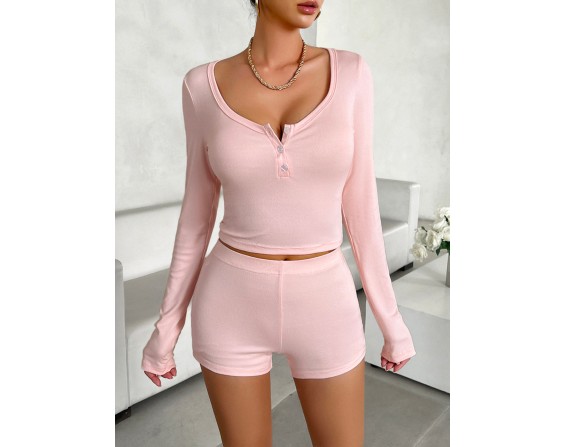 Scoop Neck Long Sleeve Top and Shorts Set