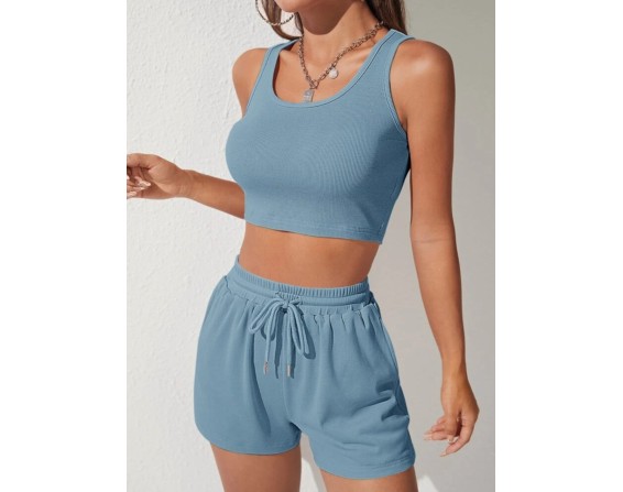 Scoop Neck Wide Strap Top and Drawstring Shorts Set