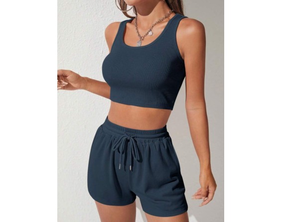 Scoop Neck Wide Strap Top and Drawstring Shorts Set