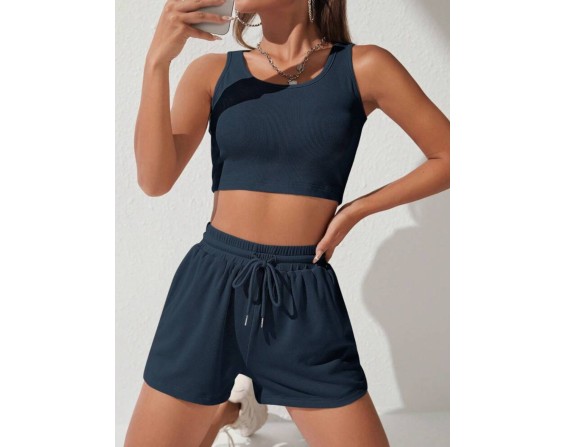 Scoop Neck Wide Strap Top and Drawstring Shorts Set