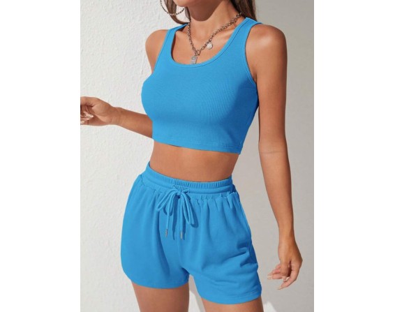 Scoop Neck Wide Strap Top and Drawstring Shorts Set