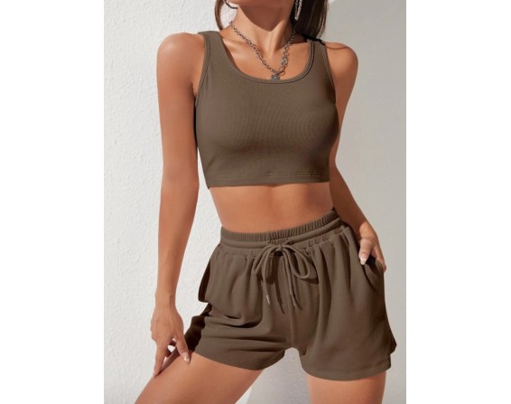 Scoop Neck Wide Strap Top and Drawstring Shorts Set