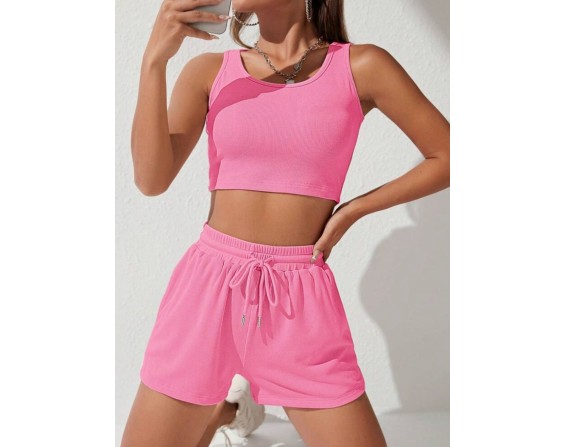 Scoop Neck Wide Strap Top and Drawstring Shorts Set