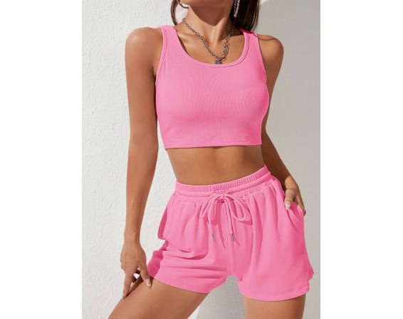 Scoop Neck Wide Strap Top and Drawstring Shorts Set