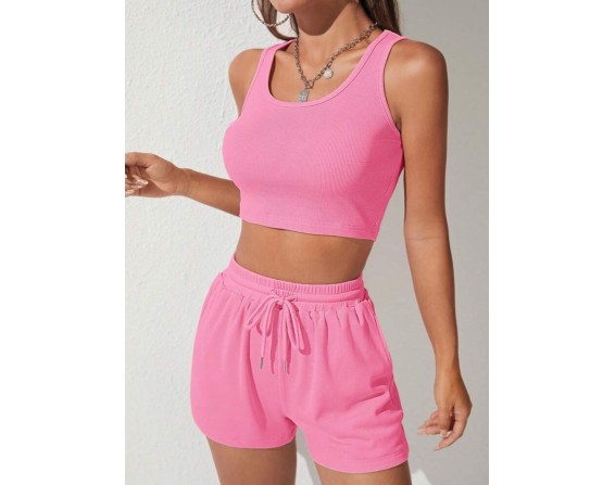 Scoop Neck Wide Strap Top and Drawstring Shorts Set