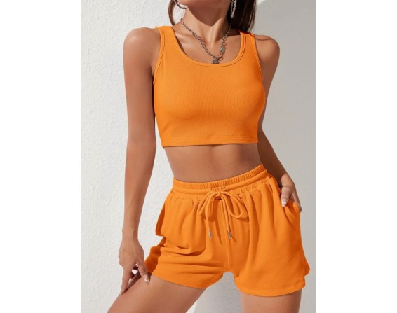 Scoop Neck Wide Strap Top and Drawstring Shorts Set