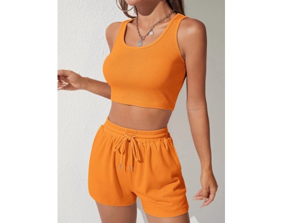 Scoop Neck Wide Strap Top and Drawstring Shorts Set