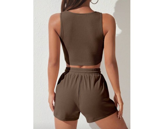 Scoop Neck Wide Strap Top and Drawstring Shorts Set