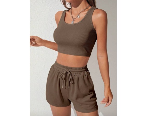 Scoop Neck Wide Strap Top and Drawstring Shorts Set