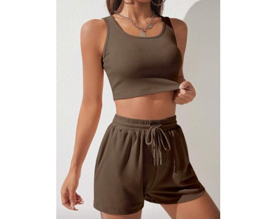 Scoop Neck Wide Strap Top and Drawstring Shorts Set