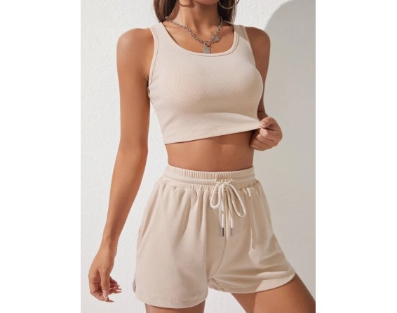 Scoop Neck Wide Strap Top and Drawstring Shorts Set