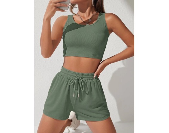 Scoop Neck Wide Strap Top and Drawstring Shorts Set