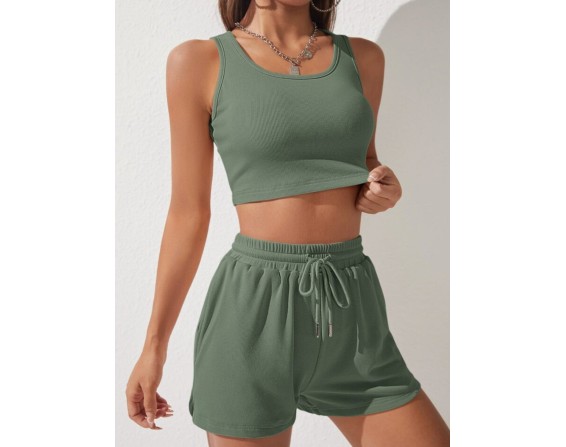 Scoop Neck Wide Strap Top and Drawstring Shorts Set