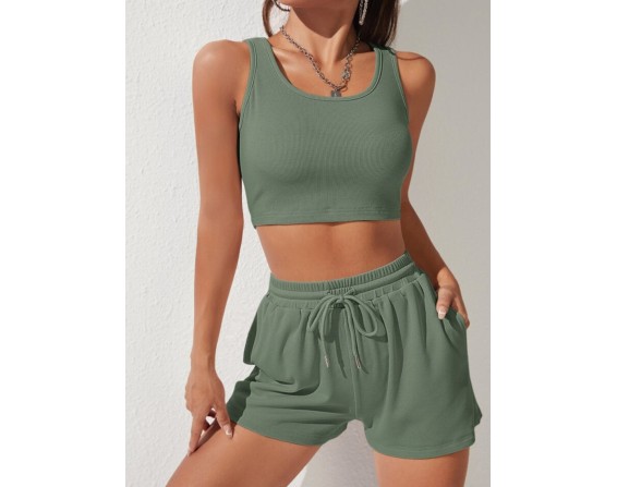 Scoop Neck Wide Strap Top and Drawstring Shorts Set