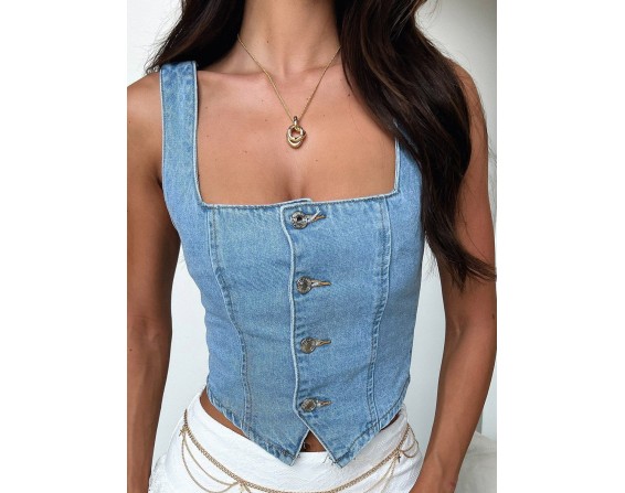 Smocked Square Neck Denim Top