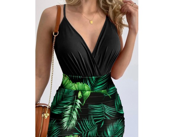 Surplice Spaghetti Strap Top and Printed Mini Skirt Set