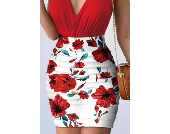 Surplice Spaghetti Strap Top and Printed Mini Skirt Set