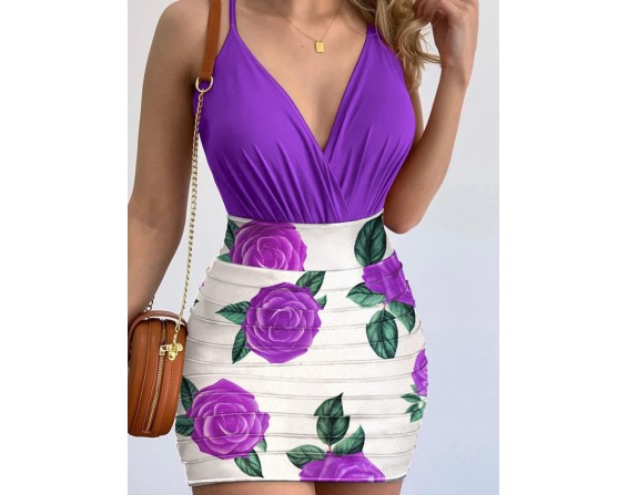 Surplice Spaghetti Strap Top and Printed Mini Skirt Set