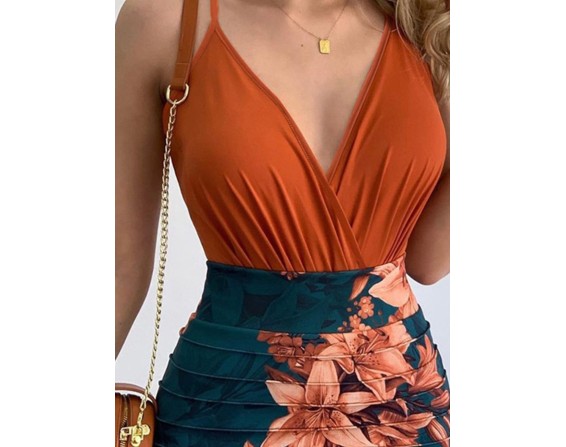 Surplice Spaghetti Strap Top and Printed Mini Skirt Set