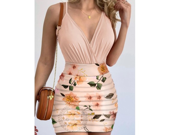 Surplice Spaghetti Strap Top and Printed Mini Skirt Set