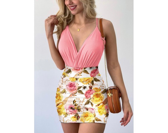 Surplice Spaghetti Strap Top and Printed Mini Skirt Set