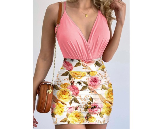 Surplice Spaghetti Strap Top and Printed Mini Skirt Set