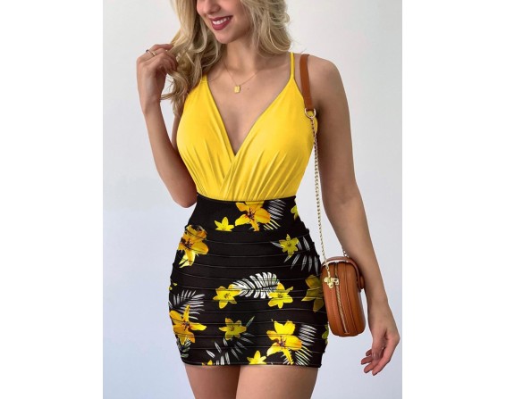 Surplice Spaghetti Strap Top and Printed Mini Skirt Set