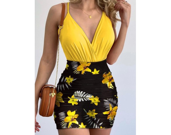 Surplice Spaghetti Strap Top and Printed Mini Skirt Set