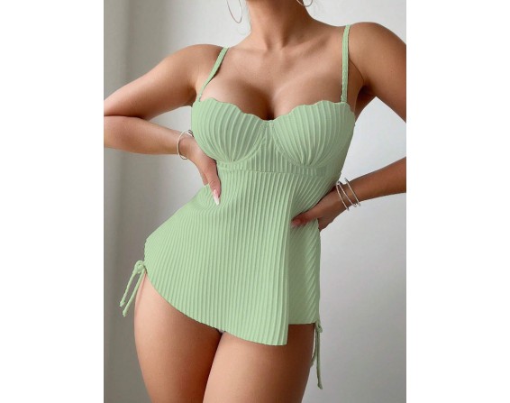 Textured Drawstring Spaghetti Strap Two-Piece Swim Set