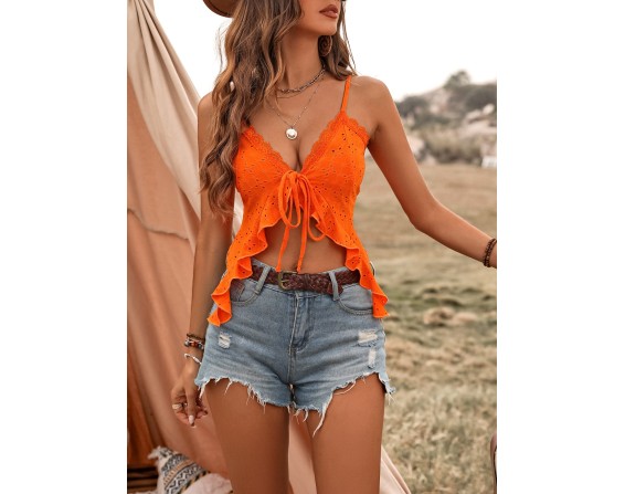 Tied Ruffled Eyelet V-Neck Cami