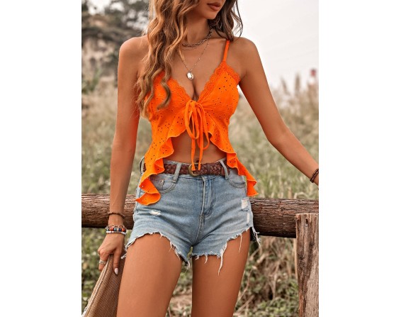 Tied Ruffled Eyelet V-Neck Cami