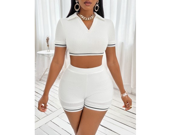 Waffle-Knit Collared Neck Cropped Top and Shorts Set