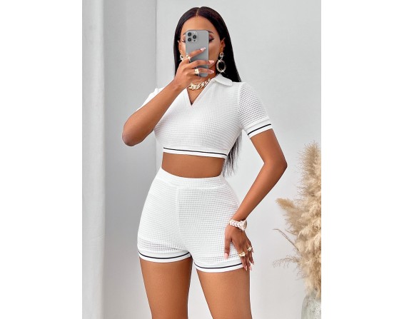 Waffle-Knit Collared Neck Cropped Top and Shorts Set