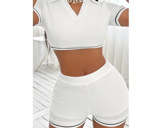 Waffle-Knit Collared Neck Cropped Top and Shorts Set